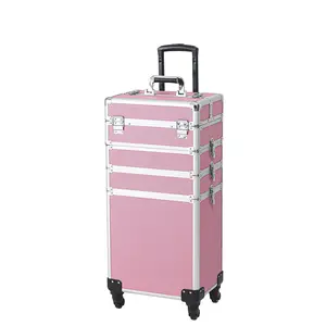 4-in-1 Lockable Rolling Makeup Train Case with Aluminum Frame, Grip Handle, Multi-Sectioned Design – Cosmetics Organizer for Hairstylists (Indoor & Outdoor Recreation Use)