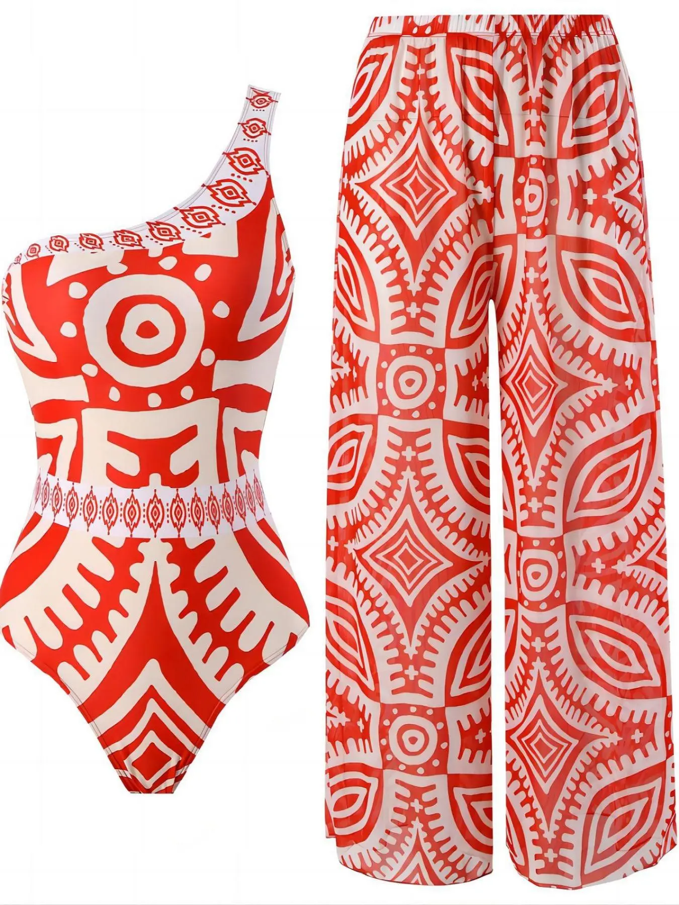 Women's Ethnic Pattern Summer Swimsuit Set, Boho One Shoulder Swim Bodysuit & Elastic Waist Pants Swimwear Set, One Shoulder Swimsuits, 2024 Summer Bathing Suits, Patterned Swimsuit