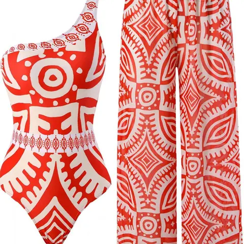 Women's Ethnic Pattern Summer Swimsuit Set, Boho One Shoulder Swim Bodysuit & Elastic Waist Pants Swimwear Set, One Shoulder Swimsuits, 2024 Summer Bathing Suits, Patterned Swimsuit