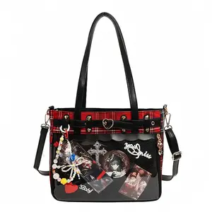 RIVERICH Punk Plaid Ita Tote Bag - 2-Way Clear Window Shoulder & Crossbody Handbag with Heart Buckle Accents | Red Black Tartan Print, Detachable Strap, Dual Top Handles Perfect for Anime Pins, Badge & Photo Display, Daily Use