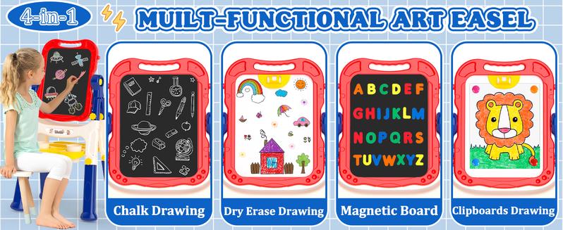 【Kids Gifts】Art Easel for Kids,Adjustable Wooden Kids Art Easel with Paper Roll,Double-Sided Magnetic Toddler Easels,Dry Erase Whiteboard and Chalk Board,Toys for 3 4 5 6 7 8 9 10 Year Old Girl Boy Gift