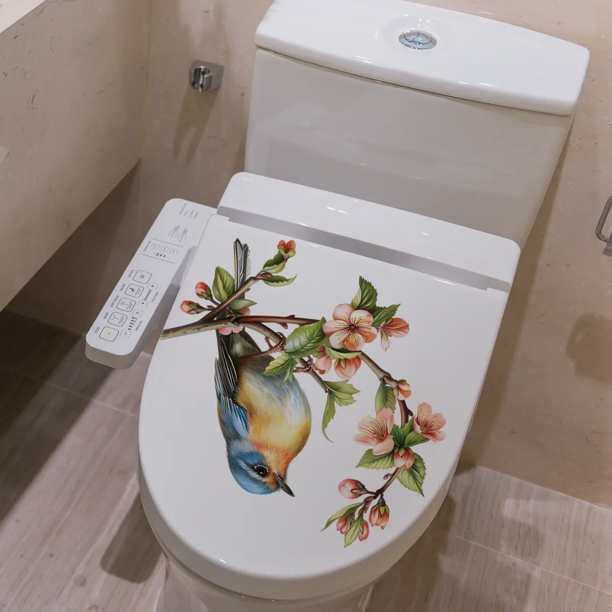 A (30*30cm) toilet sticker with a bird on a peach blossom branch, a spring decoration for bathroom, bedroom, and shower room, Bathroom Decoration Accessories, used for covering defects and beautifying, Bathroom Decor Supplies, model M10287