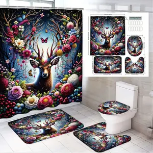 4pcs Whimsical Fantasy Bathroom Decor Set, Vibrant Shower Curtain & Colorful Floor Mats, Nature-The floor mat fabric is thicker and softer! Inspired Toilet Seat Cover, Enchanting Seasonal Transformation