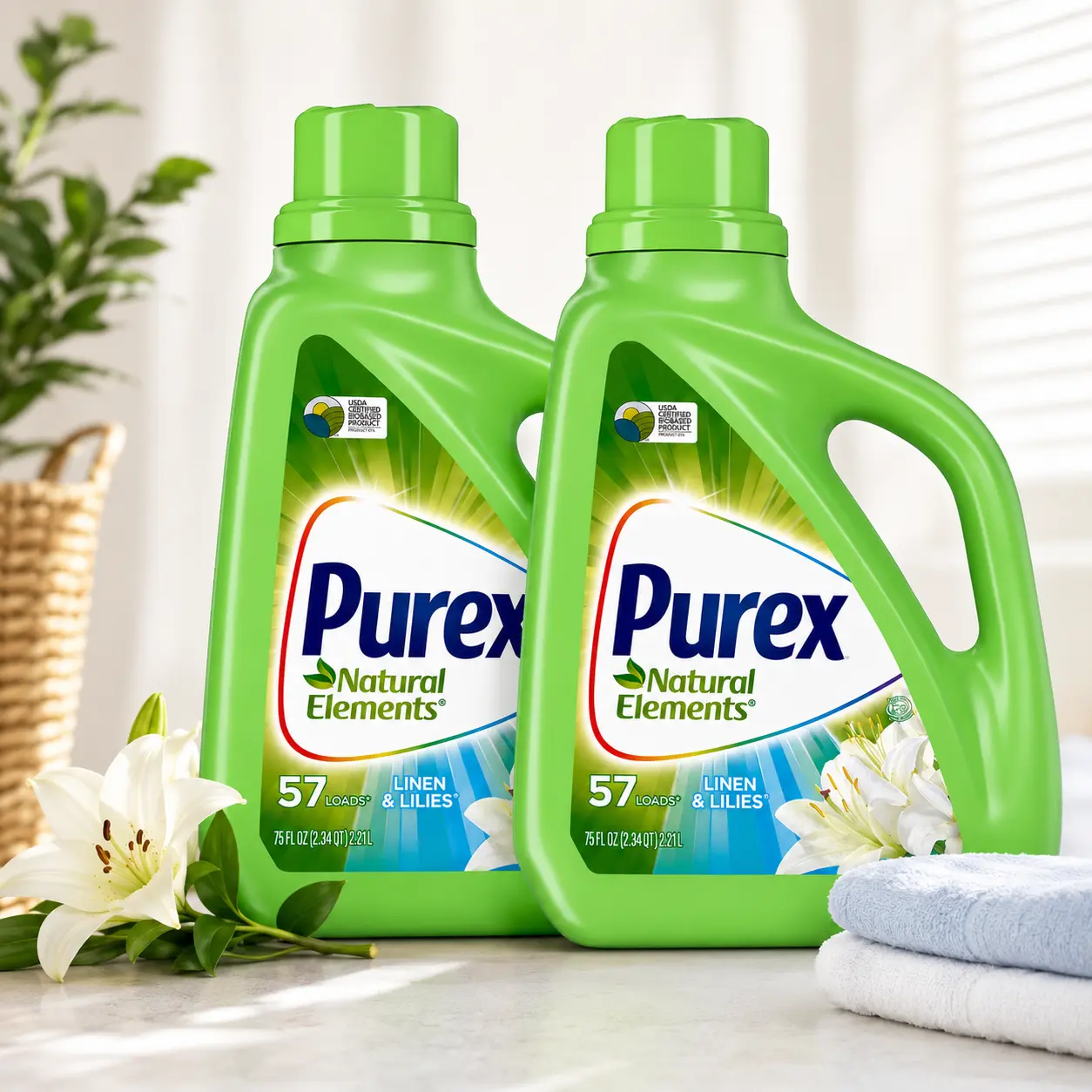 Purex Natural Elements Linen & Lilies Liquid Laundry Detergent (2-Pack) - 75 fl oz, 57 Loads, Baby-Safe Gentle Formula for Baby Care & Health Needs