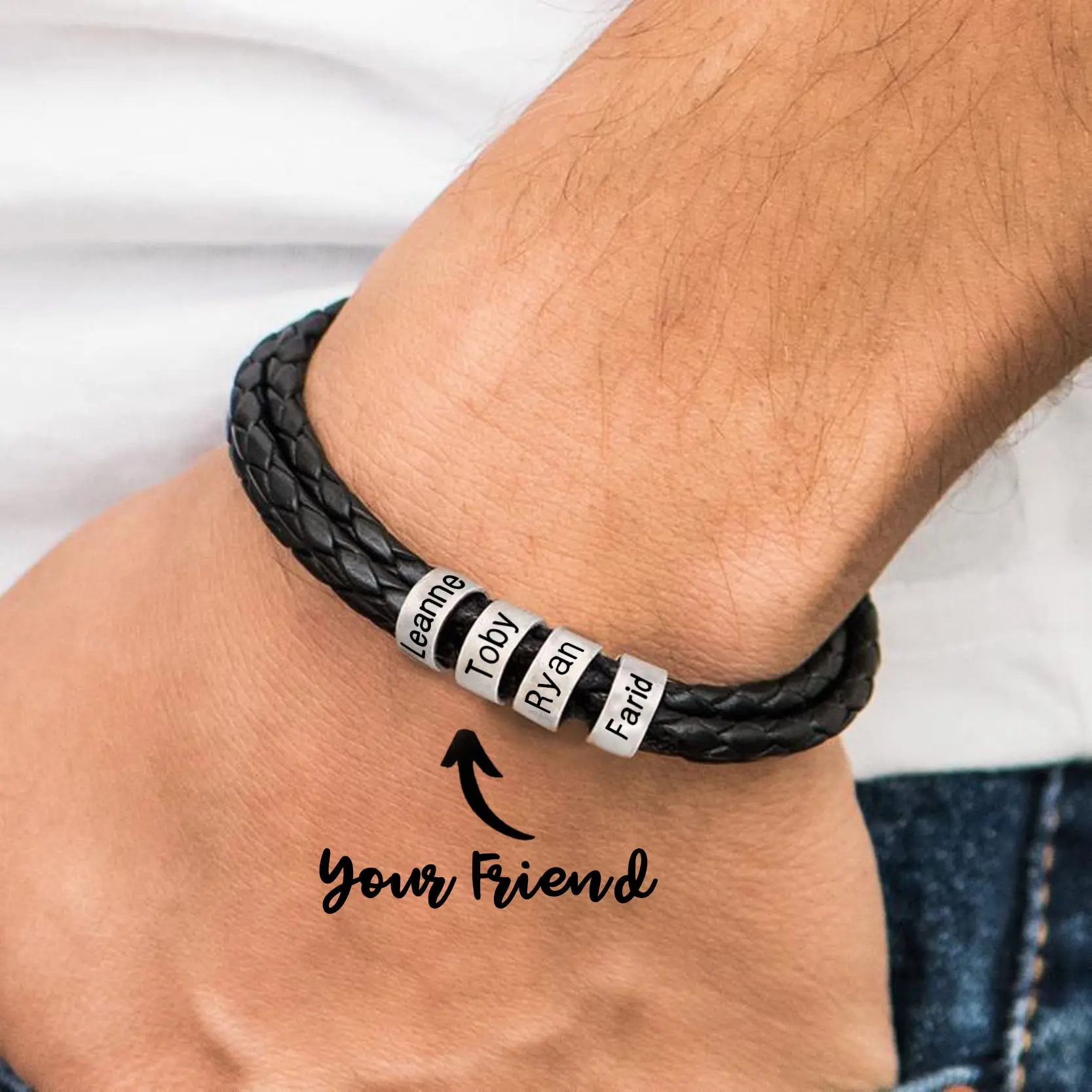 Mens Braided Leather and Stainless Steel Custom Name Beads Bracelet