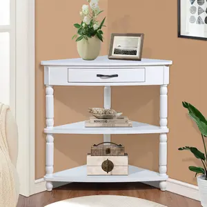 33.8'' Small Triangle Corner Table, Wood Corner Side Table for Small Spaces/ Living Room, 3 Tier End Corner Table with Solid Wood Legs