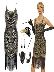 Women's 1920s Spaghetti Straps Sequined Tassel Flapper Dress Cocktail Party Dress Beaded Fringed Great Gatsby Dress