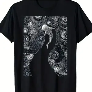 Men's Whale Shark Graphic Cotton T-Shirt – Black with White Abstract Design, Comfortable Round Neck Tee for Casual Wear or Outdoor Adventures – Perfect Gift for Nature Lovers, Casual Wear Tee | Artistic Print Shirt | Machine Washable