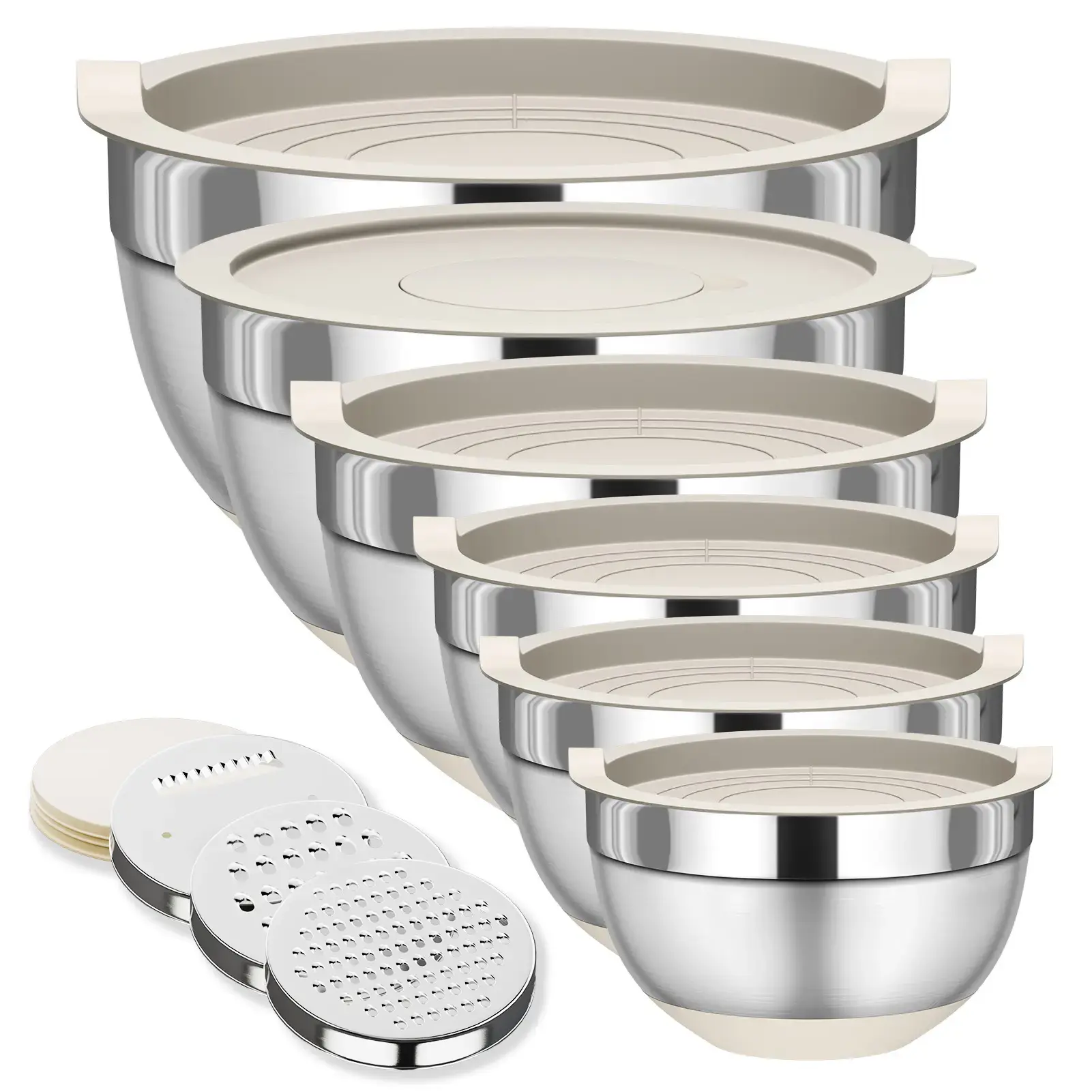 Mixing Bowls with Lids Set, 6 Piece Stainless Steel Nesting Storage Bowls for Kitchen, with 3 Grater Attachments & Non-Slip Bottoms, Size 5.5,3.5,2.5,2.1,1.5,1.1 QT