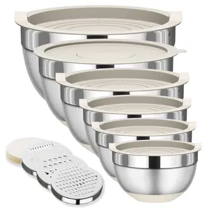 Mixing Bowls with Lids Set, 6 Piece Stainless Steel Nesting Storage Bowls for Kitchen, with 3 Grater Attachments & Non-Slip Bottoms, Size 5.5,3.5,2.5,2.1,1.5,1.1 QT