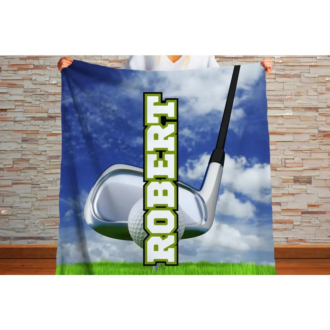 Sherpa Throw Blanket - Custom Name Blanket with Golf Club and Ball - Soft Plush Throw Blanket