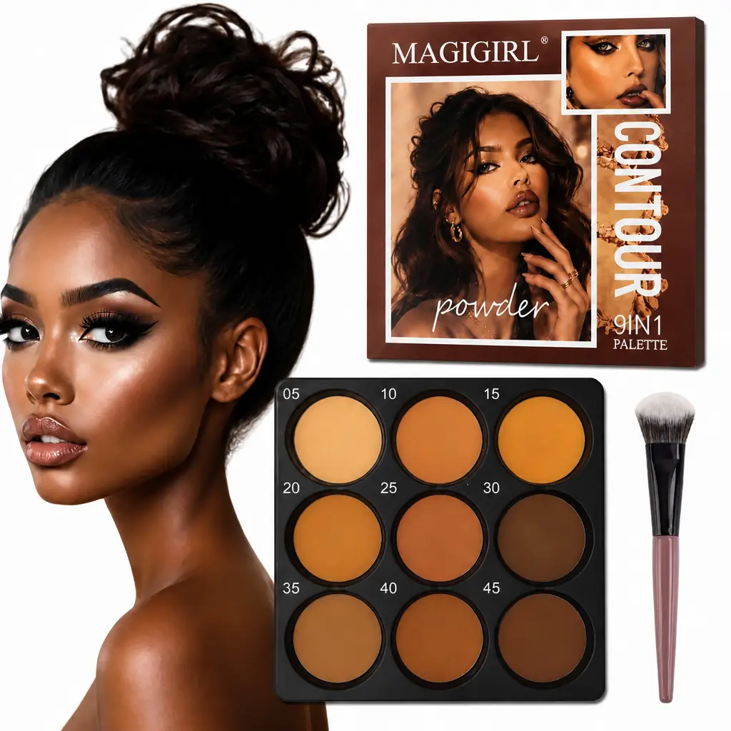 9 Shades Matte Contour Palette, Face Bronzer & Facial Contouring Makeup for Dark Skin Tones, Waterproof Long-Lasting Blendable Pressed Powder, Skin-Friendly, with Contour Brush