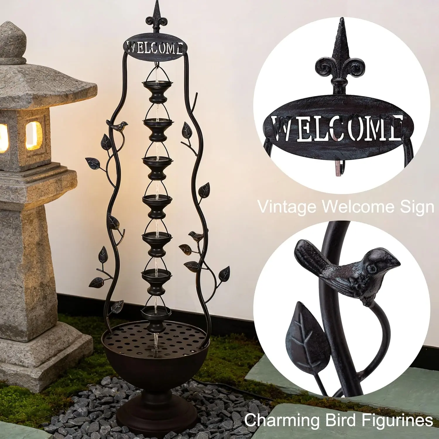 Vintage Metal Bird Water Fountain, Indoor-Outdoor Floor-Standing Waterfall Garden Home Decor
