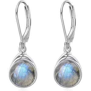 Moonstone/Turquoise/Larimar/Moss Agate/White Opal/Rose Quartz/Labradorite/Lapis Lazuli/Black Agate Earrings for Women Sterling Silver Small Round Stone Leverback Earrings Jewelry