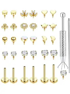 1 Set 16G 18G Flat Back Stud Earrings for Women - Hypoallergenic Surgical Steel Internal Thread Stud Piercing Jewelry for Tragus Helix Cartilage Conch Nose 14K Gold Plated Lip Labret Medusa Piercing Silver