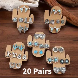 20 Pairs Western Style Stud Earrings Set - Vintage Turquoise Bull Skull, Flower, Horseshoes, Cactus, Heart, Cowboy Boot Designs for Daily Wear, Gift for Her