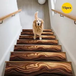 15pc Luxury Real Wood Stair Treads Non-Slip Durable Home Use Stair Step Pads Wooden Texture Odorless Stair Mats Jit