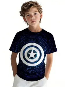 Boys' Crew Neck Short Sleeve T-Shirt athleisure Captain America Shield Design 3D printing spring and summer outdoor top playwear casual