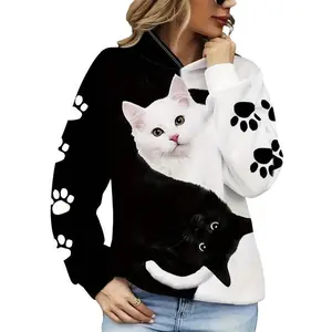 Comfortable women’s cat print hoodie, casual long-sleeve pullover, machine washable, polyester, geometric pattern, autumn/winter GARMENTARY
