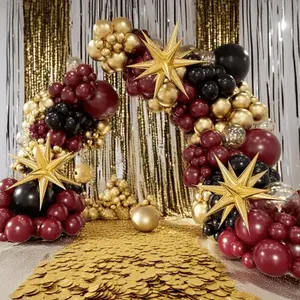 140pcs Wine Red, Black, And Golden Luxurious Series Balloon Arch Set, Including Golden Star-Shaped Foil Balloons, Suitable for Birthday Parties, Prom Parties, Indoor And Outdoor Decorations, Wedding Setups, Room Decor, And Adult Celebration Parties