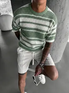 Beach Vacation Casual Style Striped Knit Sweater, Round Neck Short Sleeve, Summer Essential, Travel Must-Have, Men's & Women's Top