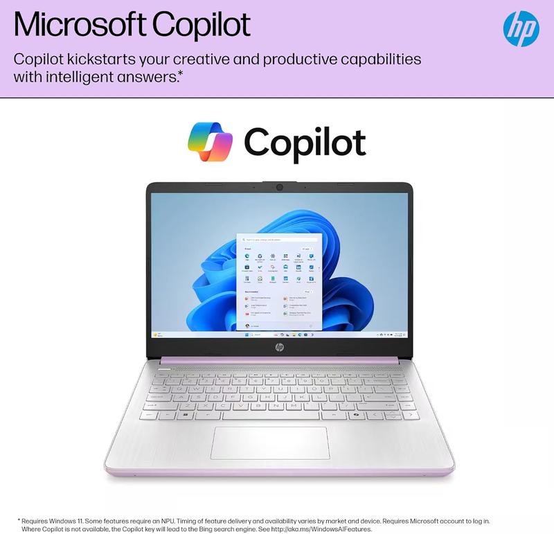 HP 14 Laptop Student Business 2026 Flagship Computer, AI Copilot, 4-Core 13th Gen Intel CPU, UP TO 16GB RAM 128GB UFS 1-Yr Office 365 Long Battery Win 11S Lavender