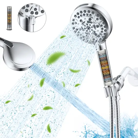 Hibbent 20-Stage Filter Shower Head Combination, Chrome High-Pressure 10-Spray Handheld Detachable Head with Rub-Clean Holes, Water Softener Beads, 6.6 ft. Metal Hose, Adjustable Bracket - pH Balancing, Mineral Infusion, Chlorine Removal, Odor Reduction