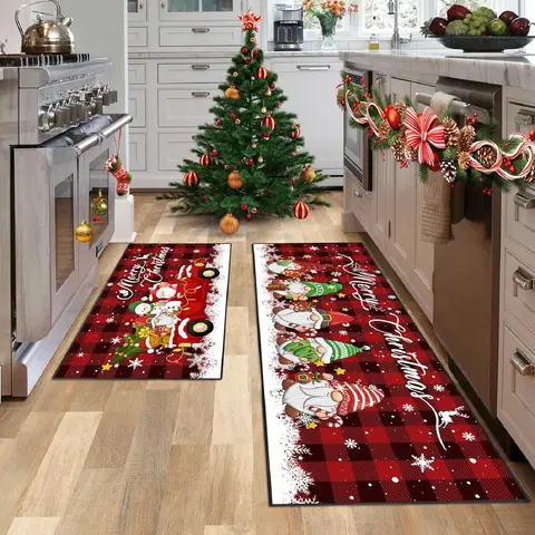 2 PCS Christmas Kitchen Mat Set Merry Xmas Indoor Floor Mats for Decorations Santa Gnome, Truck, Snowflake, Plaid Stripes Designs, Quick-Drying Xams Washable Rug for Home Bathroom, Hallway, Christmas Home Decor Rugs