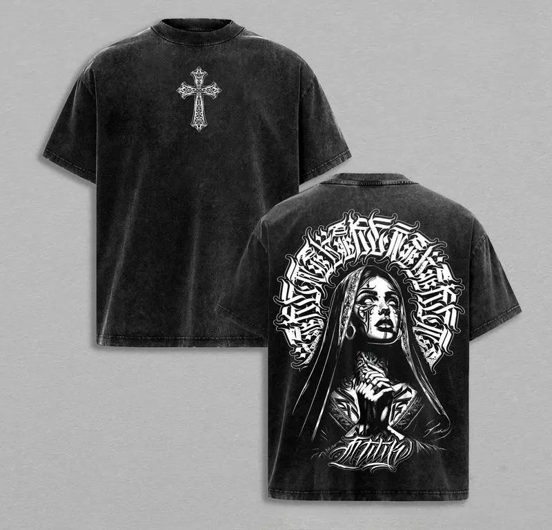 valentine shirts Praying Nun Vintage Washed Tee | Tattoo Art Inspired Streetwear | Glory Threads Faith & Grit Design | Gothic Cross Prayer Graphic Shirt | Urban Christian Aesthetic Tee Jesus Apparel Round Neck Crewneck