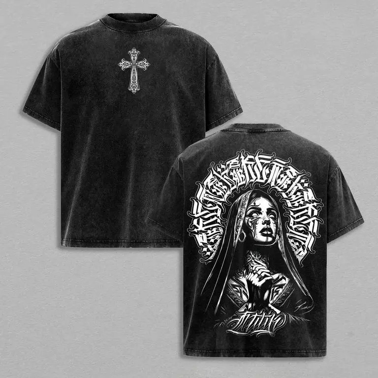 Men's Fitted Cotton T-Shirt - Round Neck, Distressed Vintage Washed, Praying Nun Graphic, Gothic Cross, Tattoo Art Streetwear, Glory Threads Faith & Grit, Urban Christian Aesthetic, Festive Casual Menswear Top