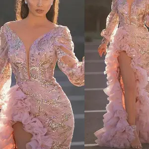 2025 Fall New Sexy Sheer Mesh Train Slit Pink Evening Dress with Sparkles for Women Party Gown Prom Formal Wear