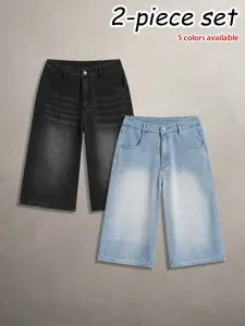 Available in multi-pack options; men’s cotton denim capris featuring a loose summer fit and vintage washed distressed finish—trendy, comfortable, casual, versatile street-style denim capris for everyday wear.