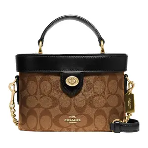 Coach Kay 20 Classic Monogram Logo Box Bag for Women – Shoulder Crossbody Handbag in Black and Brown PVC with Leather