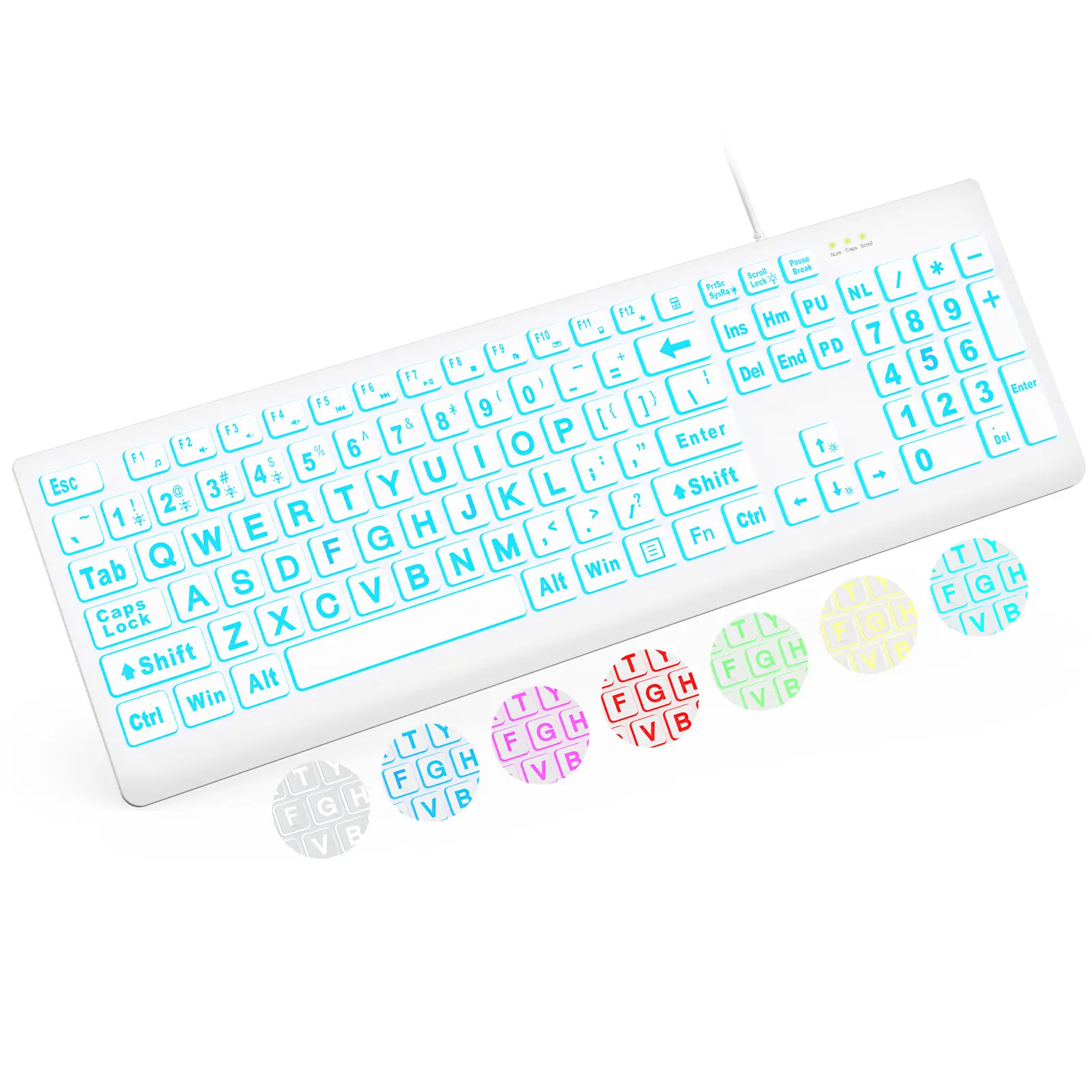 Large Print Backlit Keyboard(non-mouse) - Wired USB Lighted with 7-Color & 4 Modes, Oversize Easy-to-See Letters, Quiet Typing