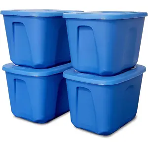 HOMZ 4-Pack Durable Molded Bin, Plastic Storage Containers w/Lids, 10 Gallon, Blue - Stackable Organizer Totes and Boxes for Bedroom, Kitchen, and Garage Organization