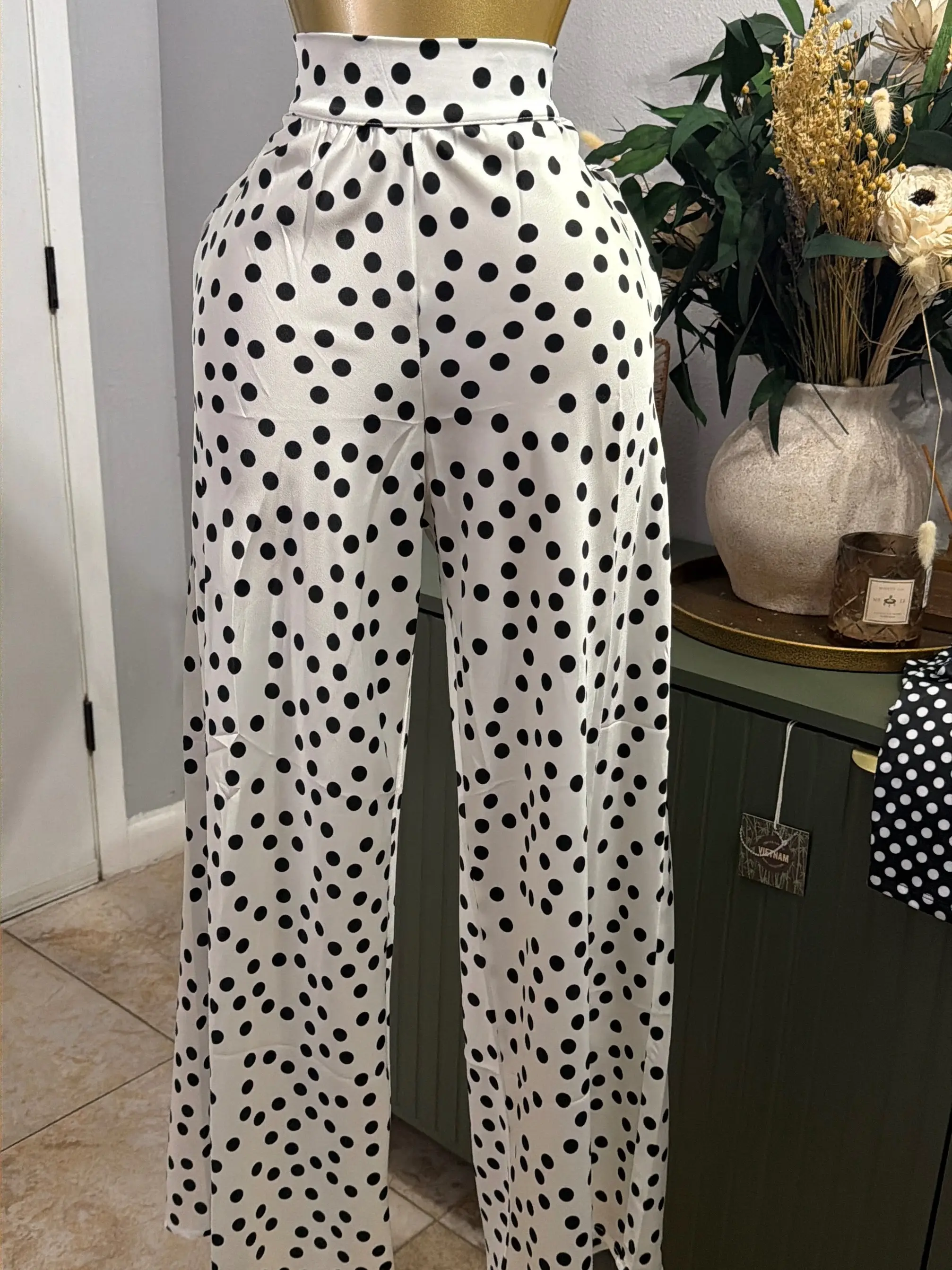 Polka Dot Pants - White with Black Dots, High Waist, Wide Leg, Casual Style, Comfortable Fit, Perfect for Everyday Wear