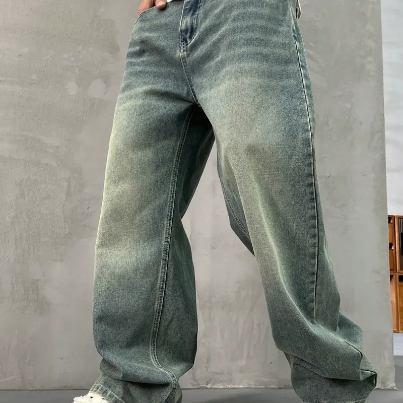Men's Vintage Washed Loose Fit Wide Leg Jeans, Long Y2K Street Style Streetwear Denim Jeans, Perfect Gift for Boyfriend & Husband