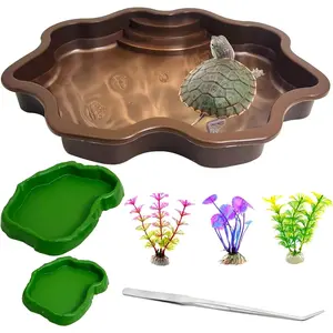 Reptile Bathing Pool 2-in-1 Tortoise Water Dish with Ramp Large Turtle Feeding Bowl with Steps Plastic Reptile Food & Water Dishes 7 Pcs Gecko Habitat Decoration Accessories Lizard Bath Tub Tortoise Water Bowl Set with Ramp