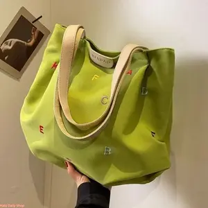 2026 New Trendy Embroidered Letter Tote Bag, Fresh and Cute Student Shoulder Tote Bag, Large Capacity Canvas Bag for Women (Mother's Day)