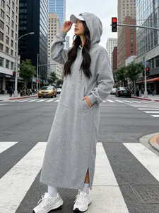A set of women's casual light gray Long Sleeve hooded sweatshirt dress, women's loose slit long sweatshirt dress, suitable for all seasons, suitable for home, indoor, outdoor wear, Womenswear