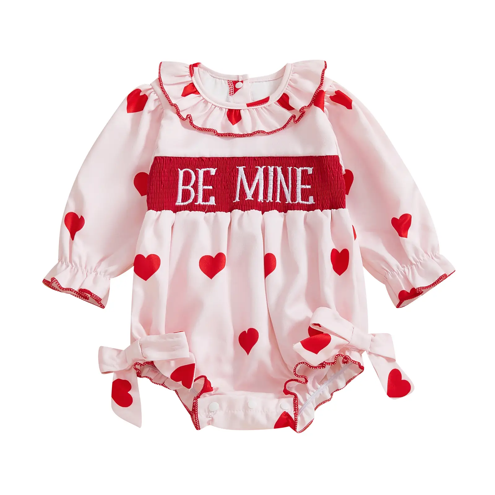 Infant Baby Girl Valentine’s Day Outfits Long Sleeve Heart Print Doll Collar Bodysuit Bubble Romper Spring Clothes