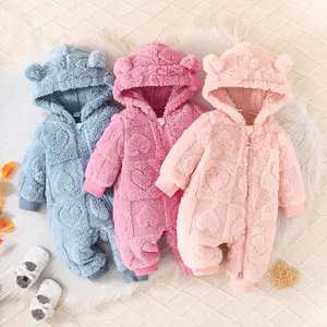 Infant Newborn Baby Girl Clothes Solid Zipper Fleece Romper Long Sleeve Hooded Toddler Fall Winter Warm Jumpsuits