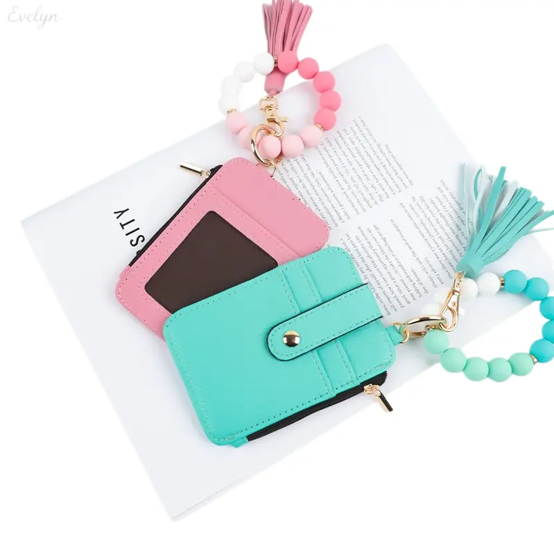 Beaded Tassel Keychain Card Holder, PU Leather Slim ID Wallet, Multi‑Color Portable Credit Card Purse for Daily & Outdoor Use