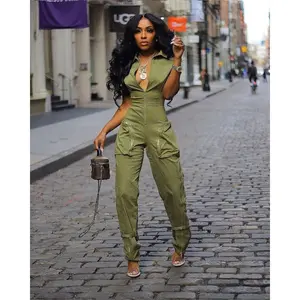 two-piece set woman Multi Pockets Wide Leg Cargo Jumpsuit Sexy Women Turn Down Collar Elegant Streetwear Casual Overalls Romper
