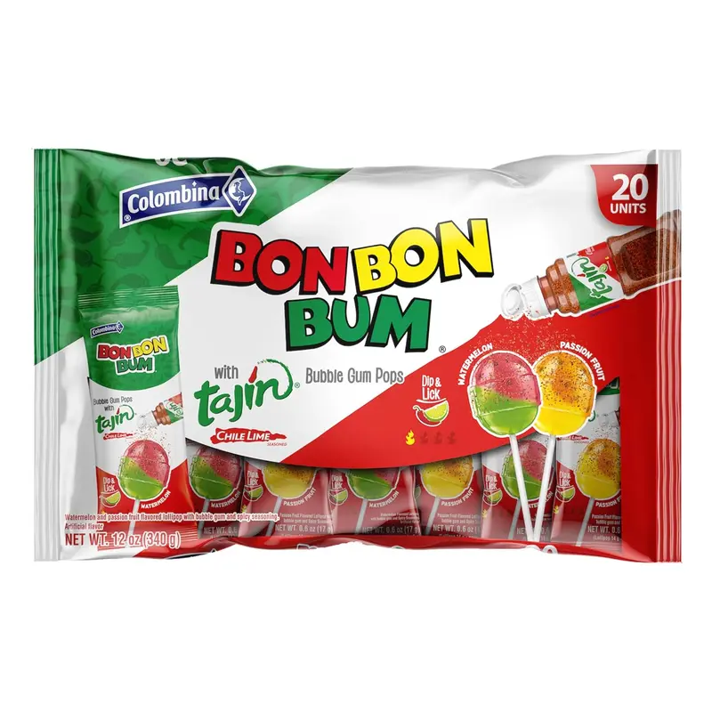 Colombina Bon Bon Bum Tropical Passion Fruit & Watermelon with Tajin Seasoning Chile Lime Dip, 20 Count (Pack of 1)