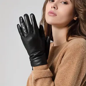 Winter Velvet Lined Warm Waterproof Genuine Leather Gloves - Simple Basic Button Touchscreen Driving Cycling Gloves for Autumn