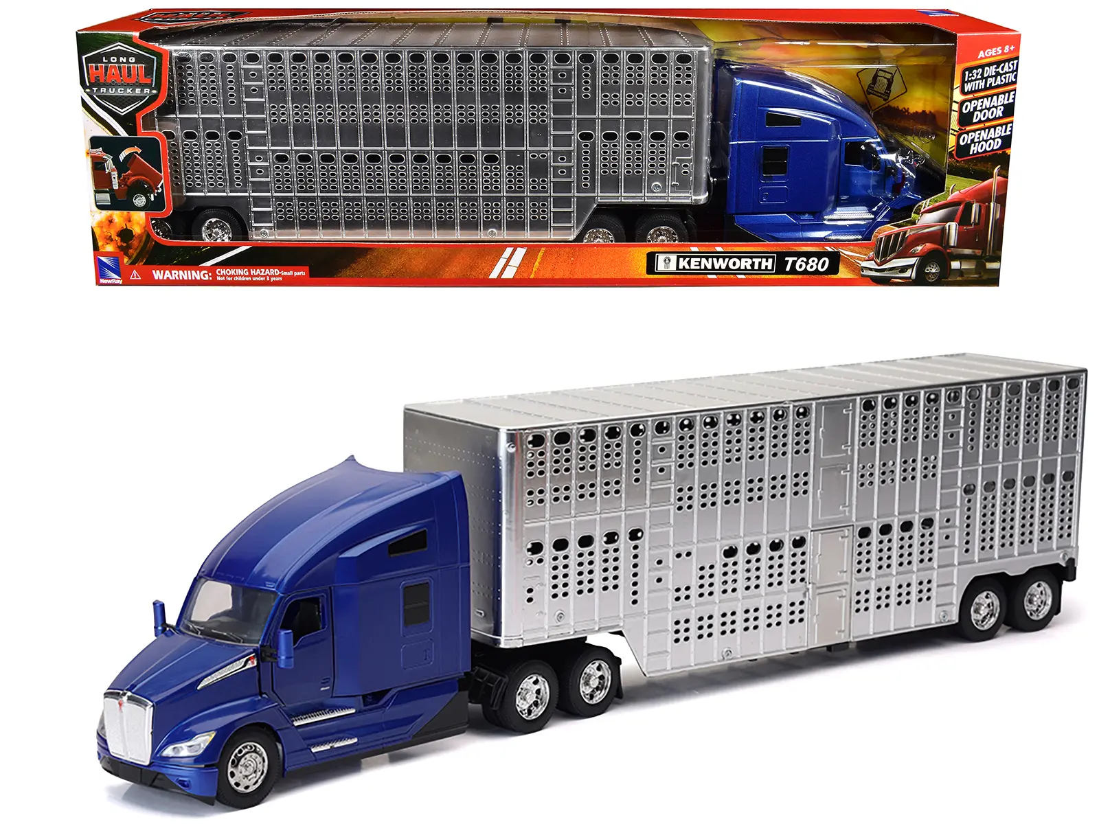 Kenworth T680 Truck Blue Metallic with Livestock Trailer Chrome "Long Haul Trucker" Series 1/32 Die Cast Model by New Ray