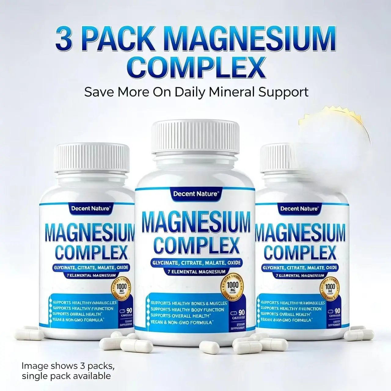 【3 pack】Magnesium Glycinate 500mg Magnesium Supplement 90 Capsules
