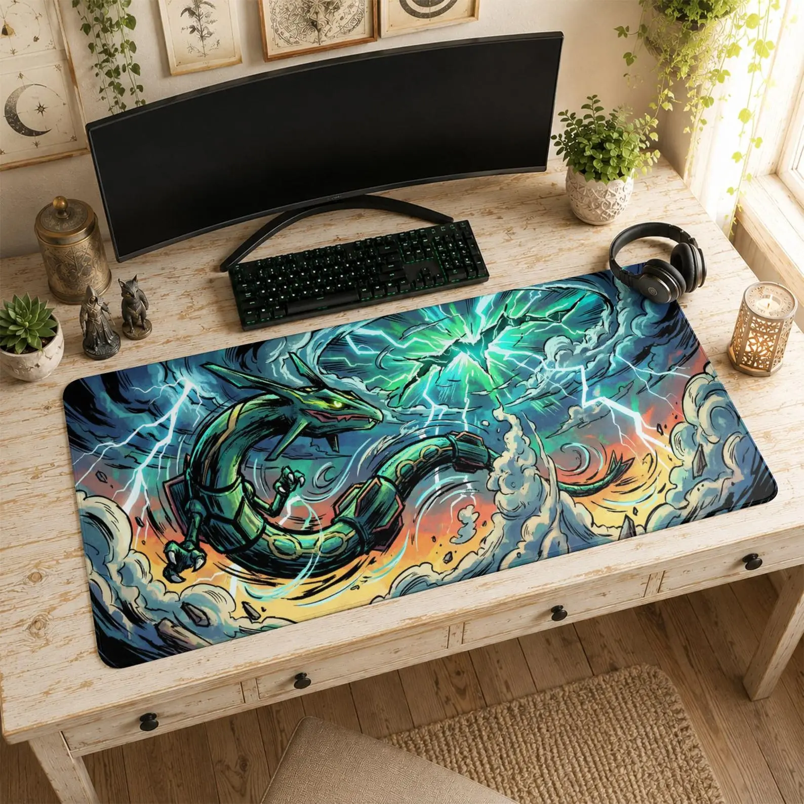 Rayquaza Mouse Pad | Desk Mat, Watercolor Art Dark Aesthetic Mat