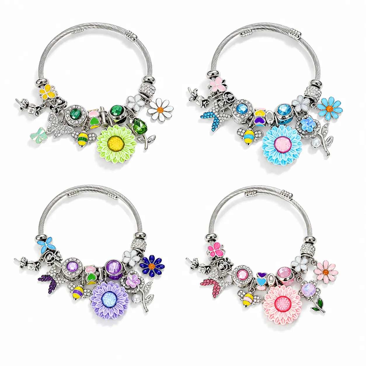 Women’s Flower Charm Bangle Bracelet, Colorful Daisy Bee Butterfly Pendant Bracelet with Crystal Accents, Silver-Tone Cable Design, Cute Jewelry Gift for Her